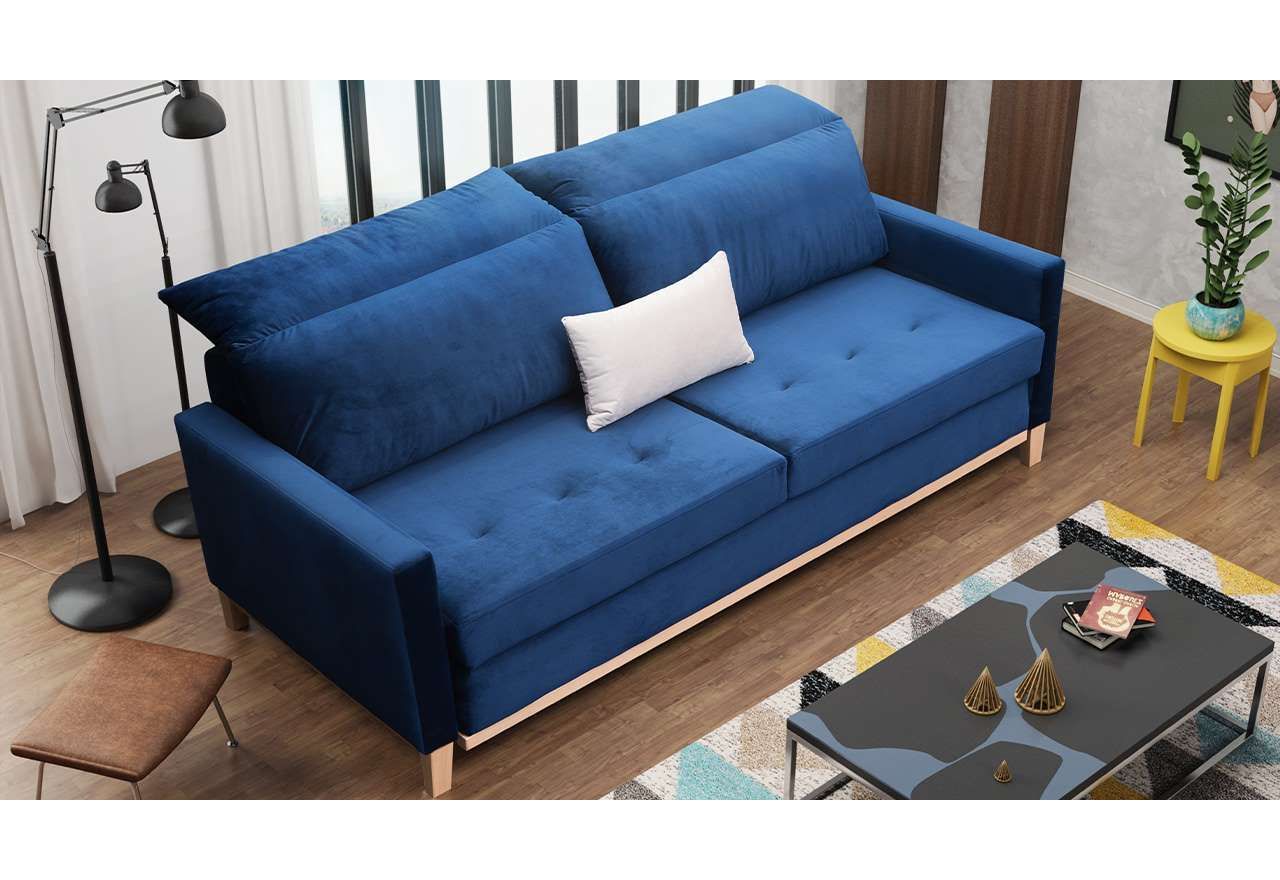 Granatowa sofa wolnostojąca rozkładana AVIA w stylu skandynawskim