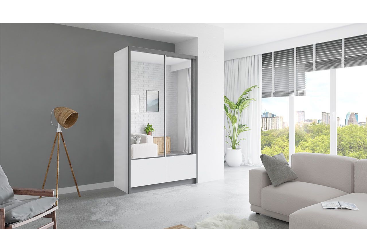 Modna szafa, dwudrzwiowa z lustrem 124 cm przesuwna do sypialni - INEZ biały, lustra