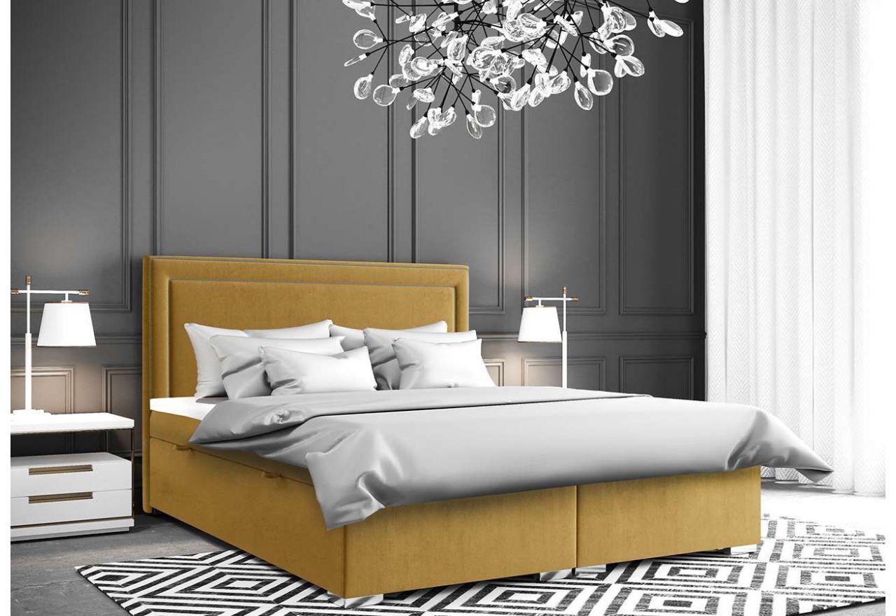 Duże łóżko sypialniane kontynentalne, srebrne pinezki, z materacem i opcją skrzyni na pościel - ZORAN 180x200 musztardowy