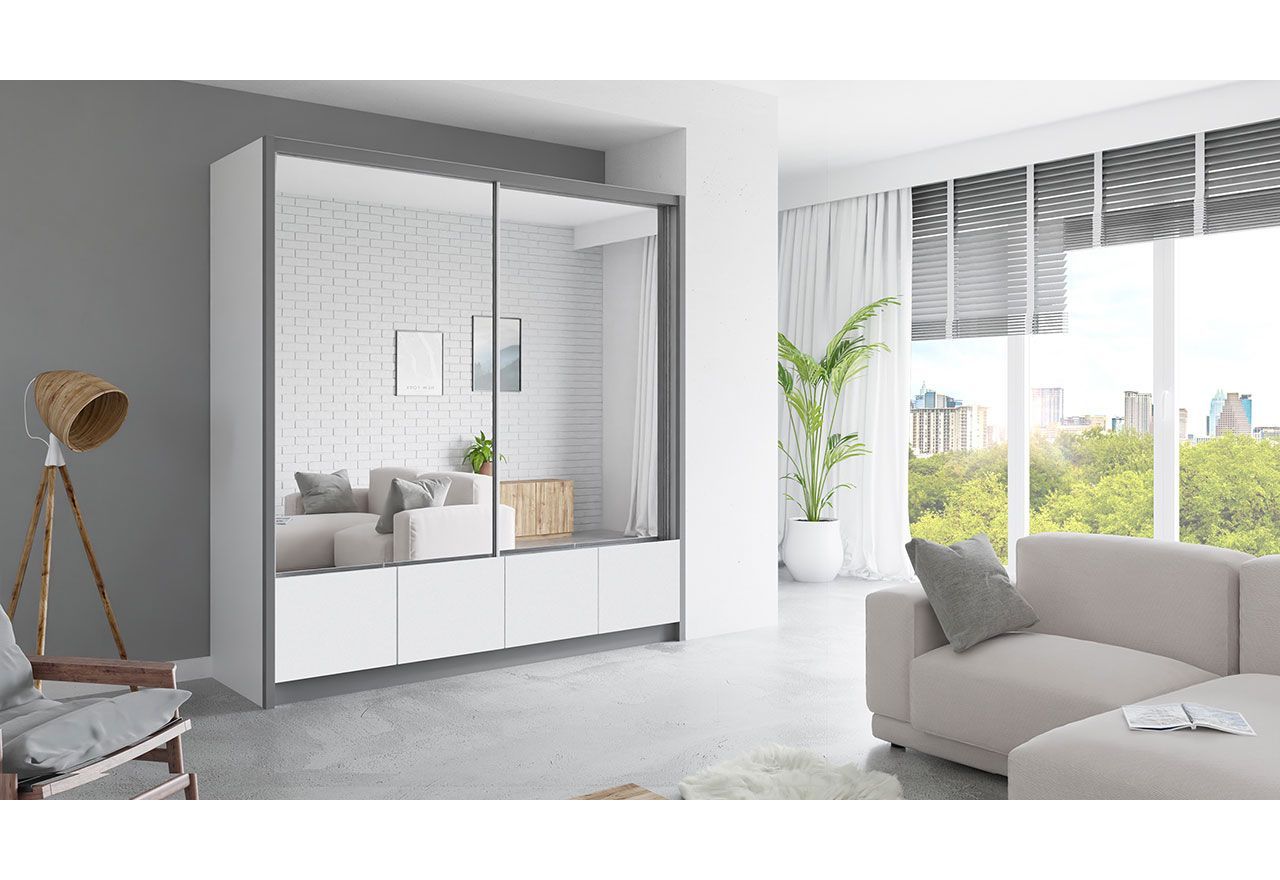 Elegancka, funkcjonalna szafa przesuwna z lustrem 204 cm do przedpokoju i sypialni - INEZ biały, lustra