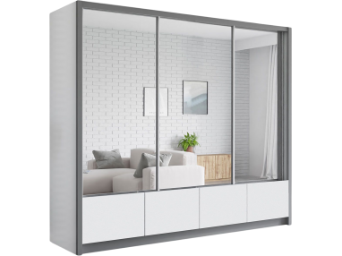 Duża, pojemna szafa przesuwna 250 cm z lustrem i szufladami do sypialni - INEZ biały, lustra