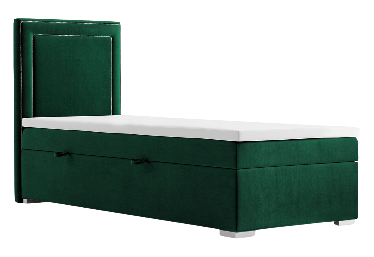Pojemne łóżko kontynentalne jednoosobowe młodzieżowe z materacem i pinezkami srebrnymi - ZORAN 80x200 butelkowa zieleń
