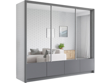 Duża, pojemna, trzydrzwiowa szafa przesuwna z lustrem 250 cm do sypialni - INEZ biały, szary, lustra