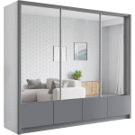 Duża, pojemna, trzydrzwiowa szafa przesuwna z lustrem 254 cm do sypialni - INEZ biały, szary, lustra