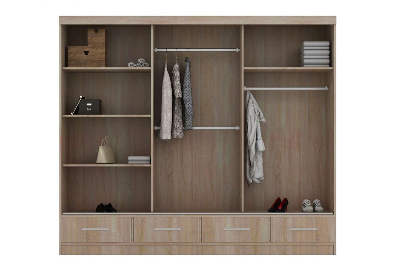 Duża, pojemna, trzydrzwiowa szafa przesuwna z lustrem 254 cm do sypialni - INEZ biały, szary, lustra