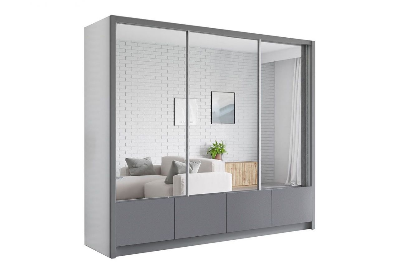 Duża, pojemna, trzydrzwiowa szafa przesuwna z lustrem 254 cm do sypialni - INEZ biały, szary, lustra
