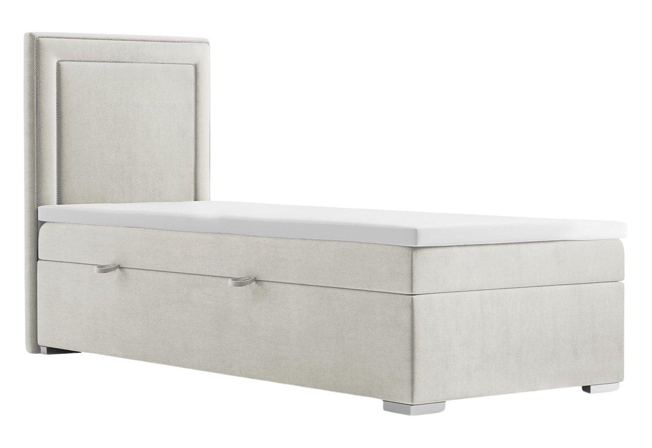 Pojemne łóżko kontynentalne młodzieżowe z materacem i wysokim wezgłowiem ze srebrnymi pinezkami - ZORAN 80x200 kremowe
