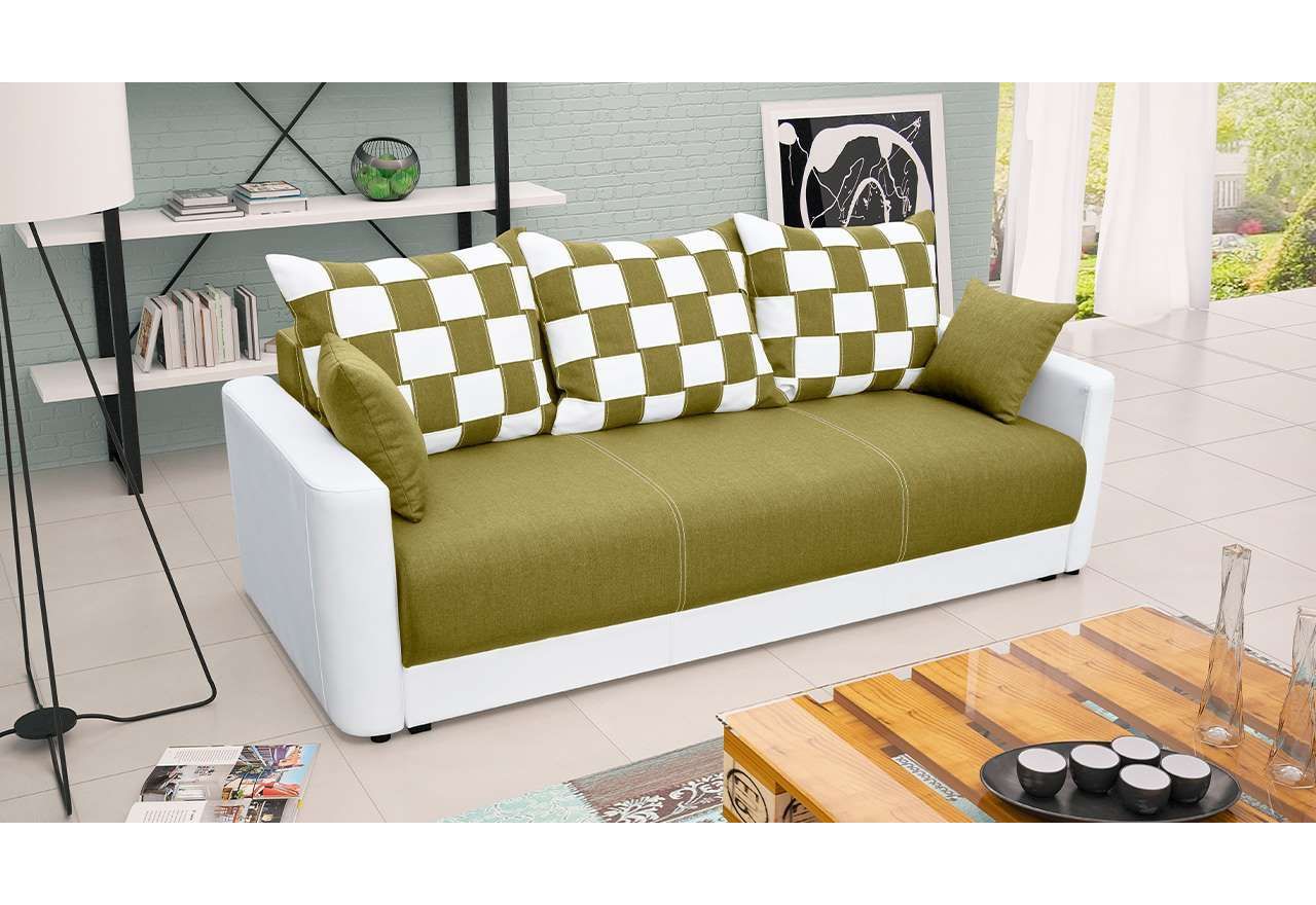 Zielona sofa AMALFI z dwukolorową tapicerką na poduszkach oparciowych i boczkami z ecoskóry