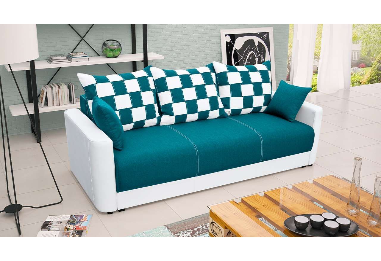Modna kompaktowa sofa AMALFI z dwukolorową biało-turkusową tapicerką i funkcją spania