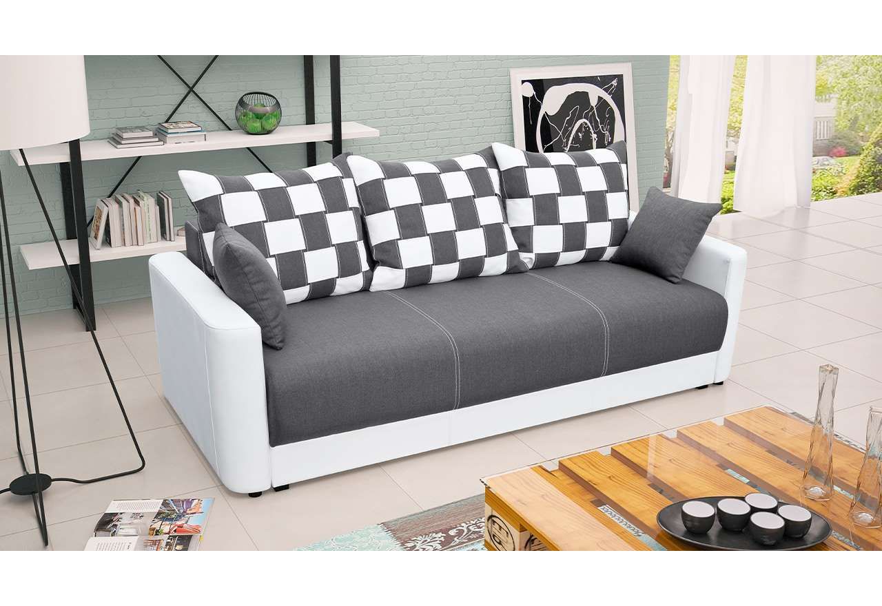 Sofa AMALFI szara rozkładana z poduszkami oparciowymi w kratę