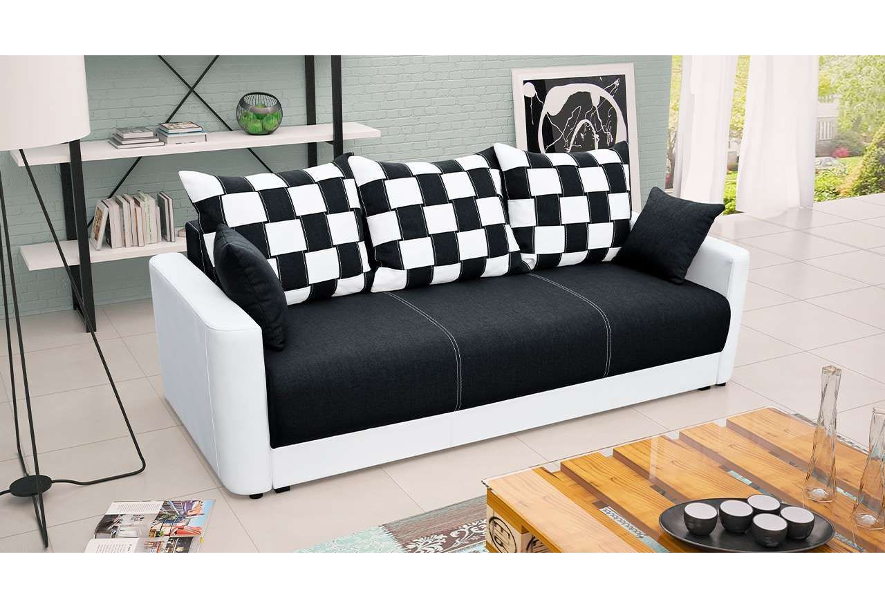 Stylowa kanapa do salonu lub pokoju młodzieżowego AMALFI z funkcją spania czarno-biała