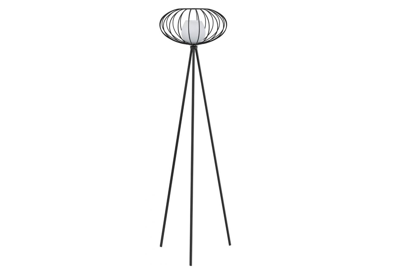 Designerska lampa podłogowa na trójnogu LABRO z dużym loftowym kloszem z czarnego drutu
