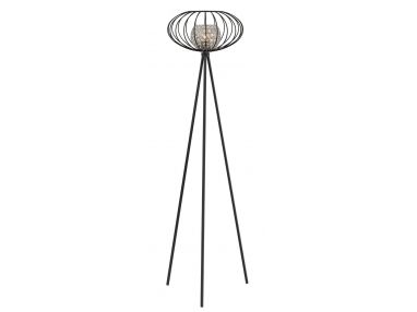 Modna lampa stojąca NITIDUS z drucianym abażurem oraz szklanym kloszem postawionymi na czarnym trójnogu