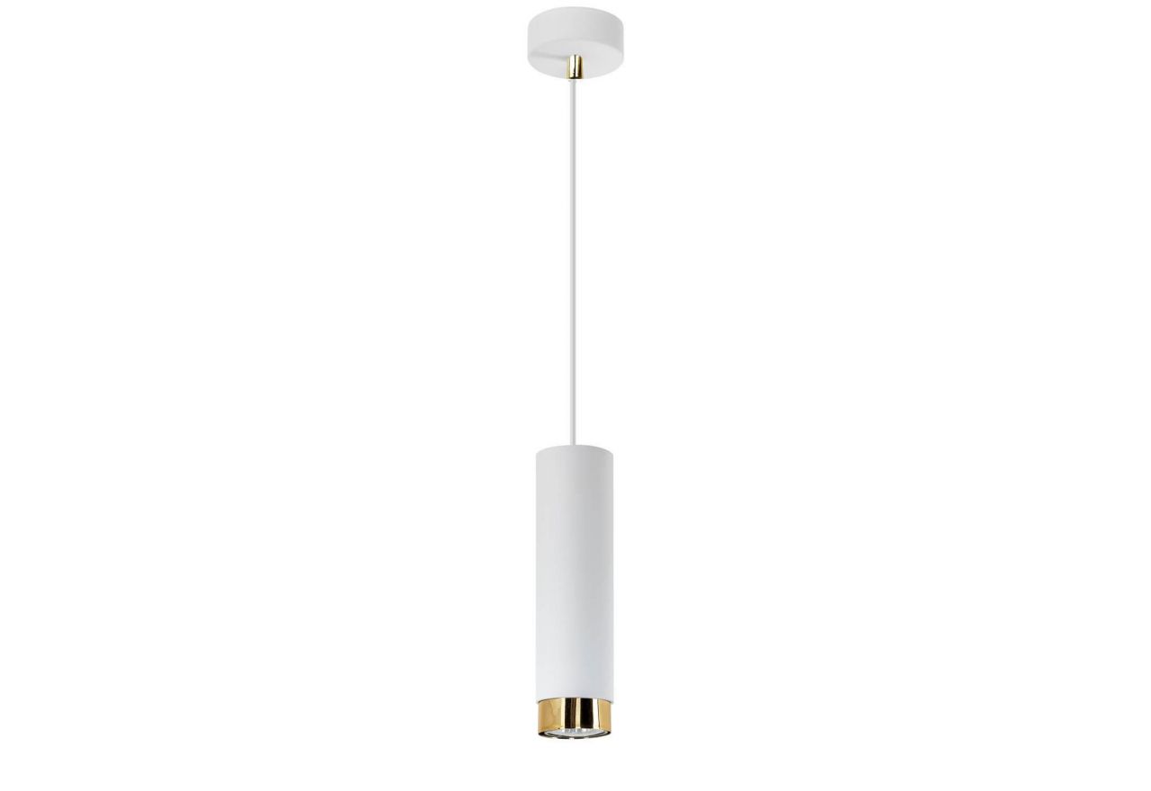 Biało-złota minimalistyczna lampa wisząca GLOSSA o wydłużonym metalowym kloszu