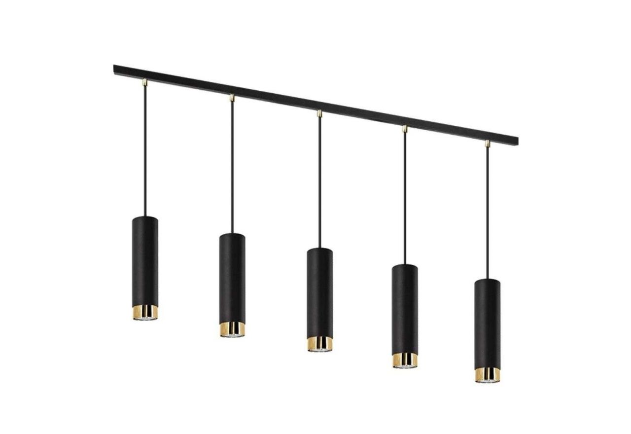 Lampa wisząca GLOSSA z pięcioma minimalistycznymi czarnymi kloszami ze złotym dekorem