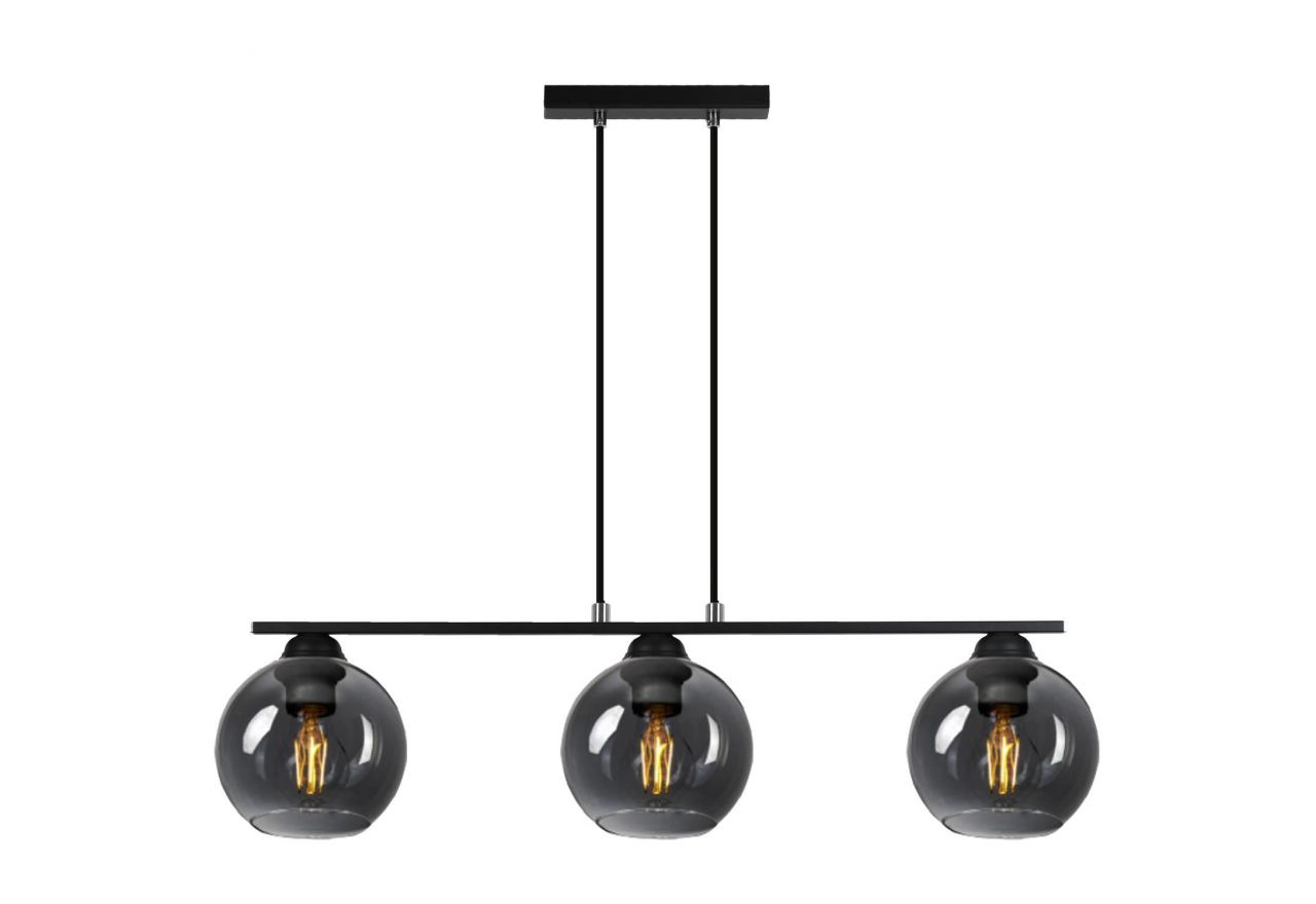 Czarna potrójna lampa sufitowa DERELI z metalowym korpusem i kloszami z dymionego szkła