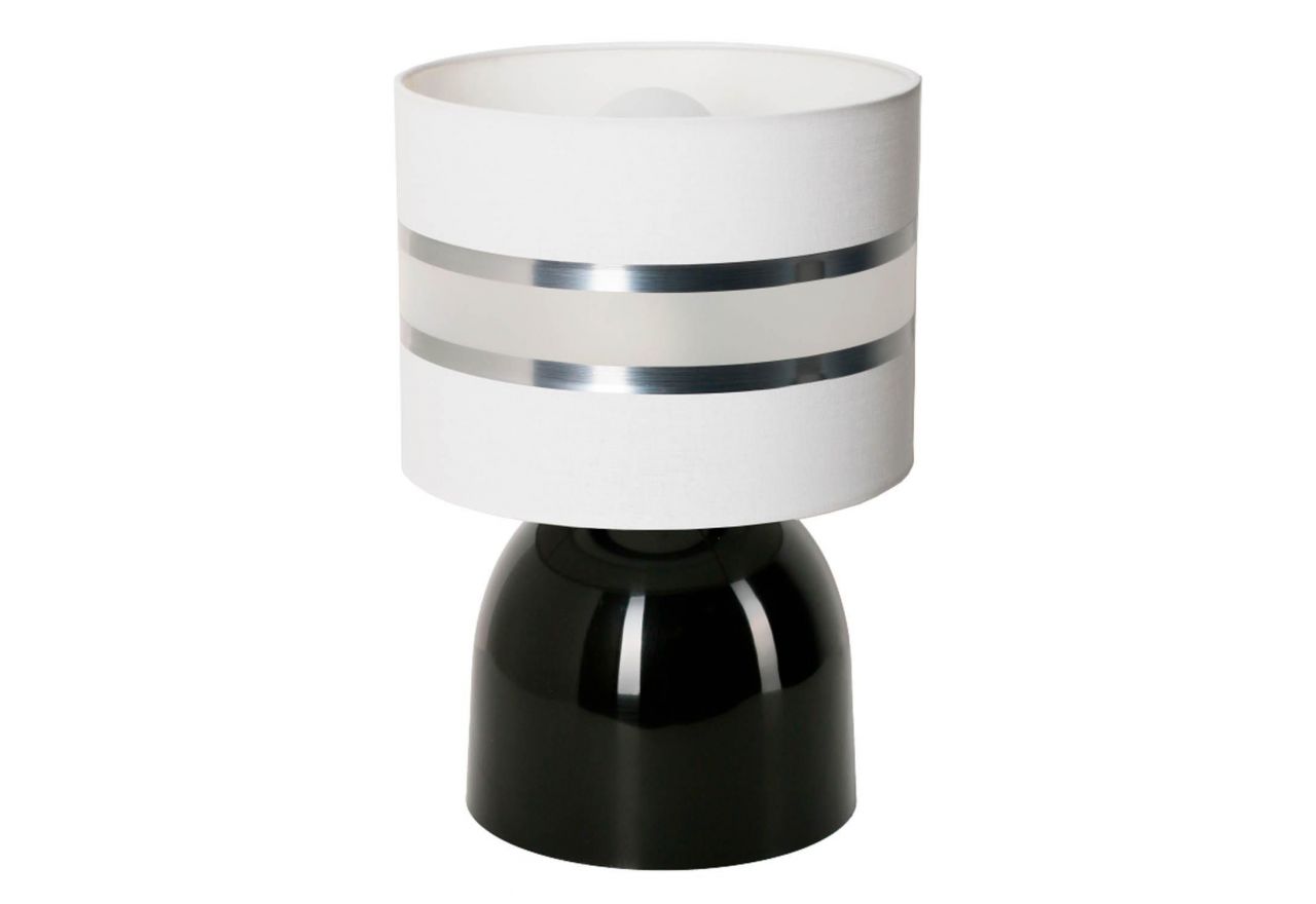Mała elegancka lampa stołowa HAGLAND z czarną podstawą i białym kloszem z pasami ozdobnymi