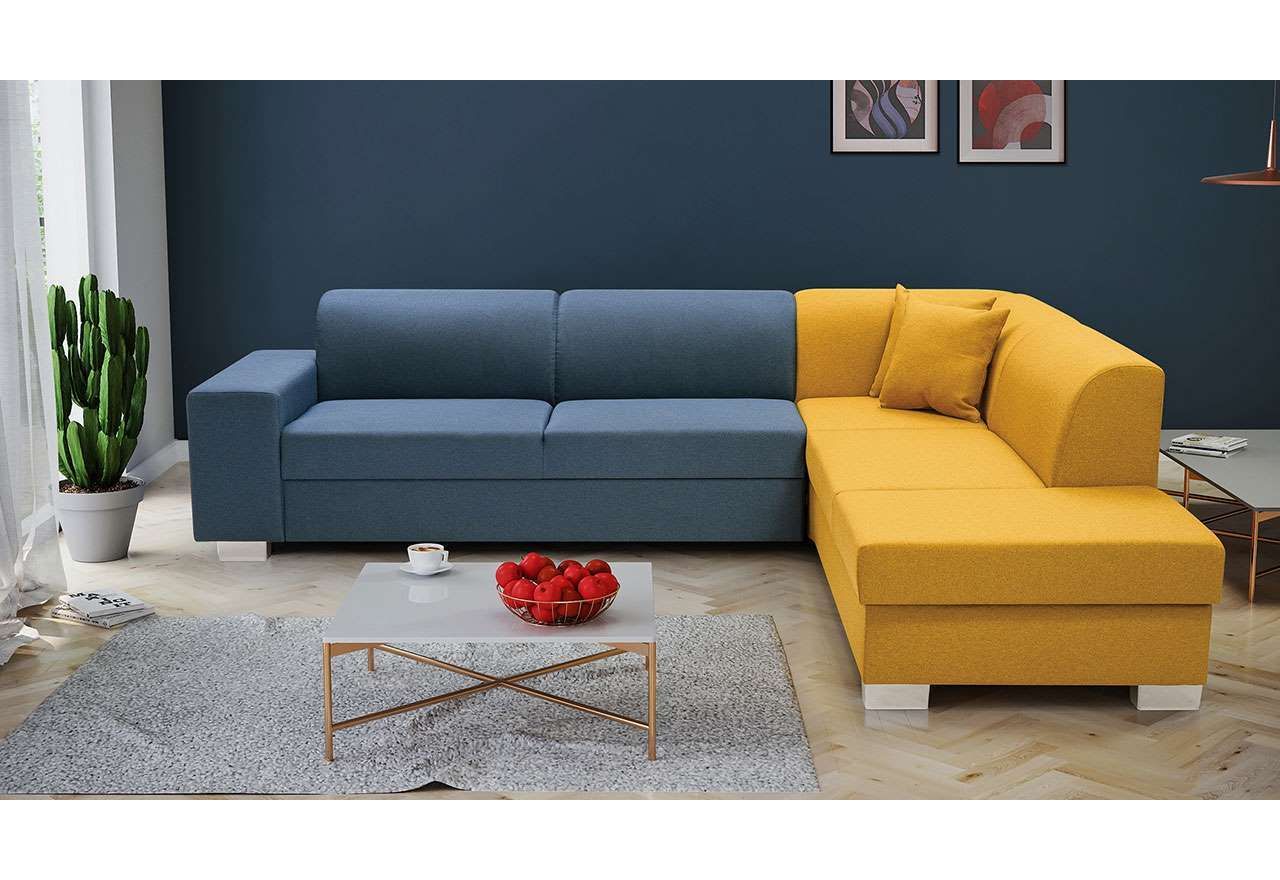 Designerska kanapa narożna z dwukolorową granatowo-żółtą tapicerką i funkcją spania DOLOMITI