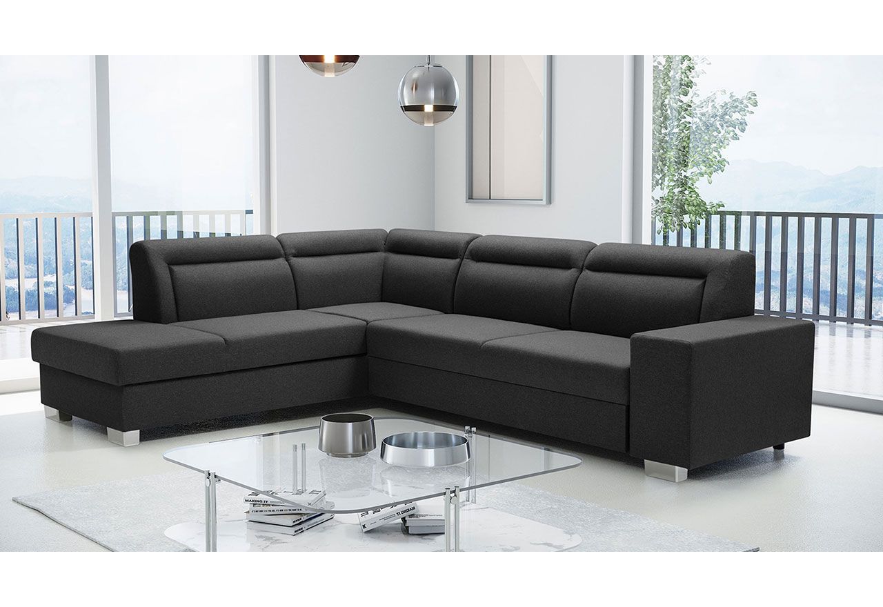 Piękna czarna wolnostojąca kanapa narożna DESANA w nowoczesnym stylu, z funkcją spania