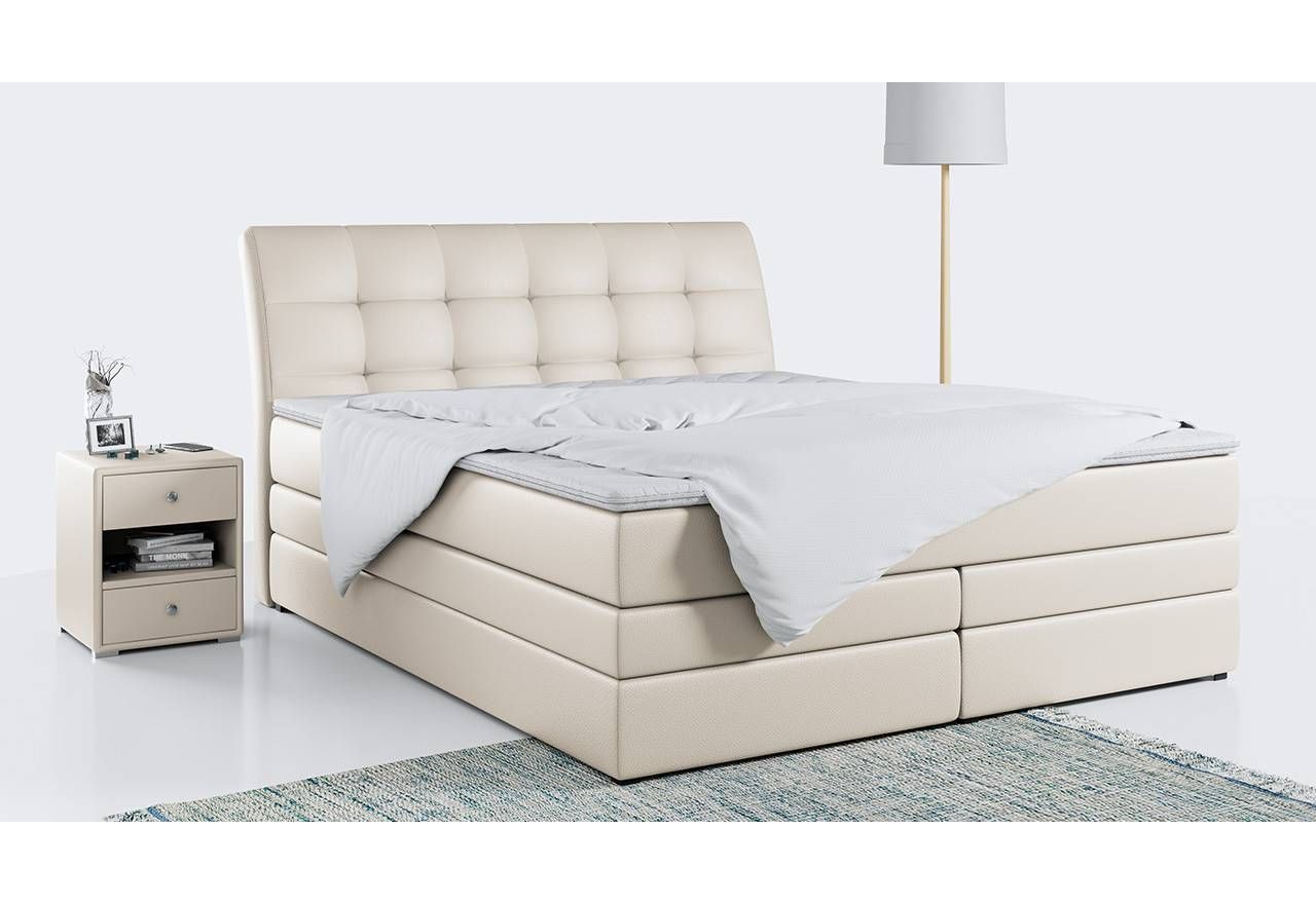 Duże łóżko kontynentalne 180x200 w modnym stylu z wysokim wezgłowiem do sypialni - GOLD 10 - KING beżowa ecoskóra