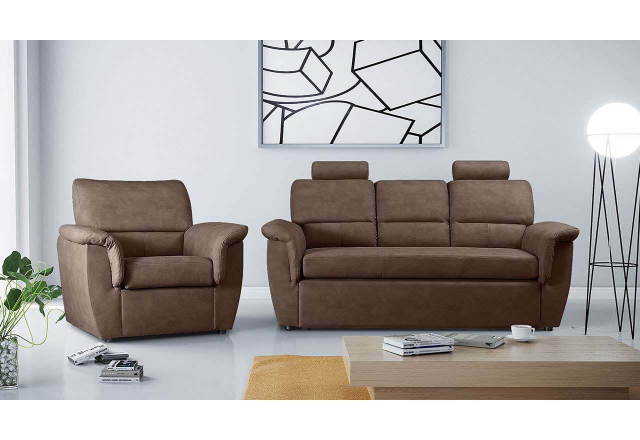 Kompaktowa kanapa 3 osobowa do salonu i pokoju dziennego ANIDA brązowa z regulowanymi zagłówkami