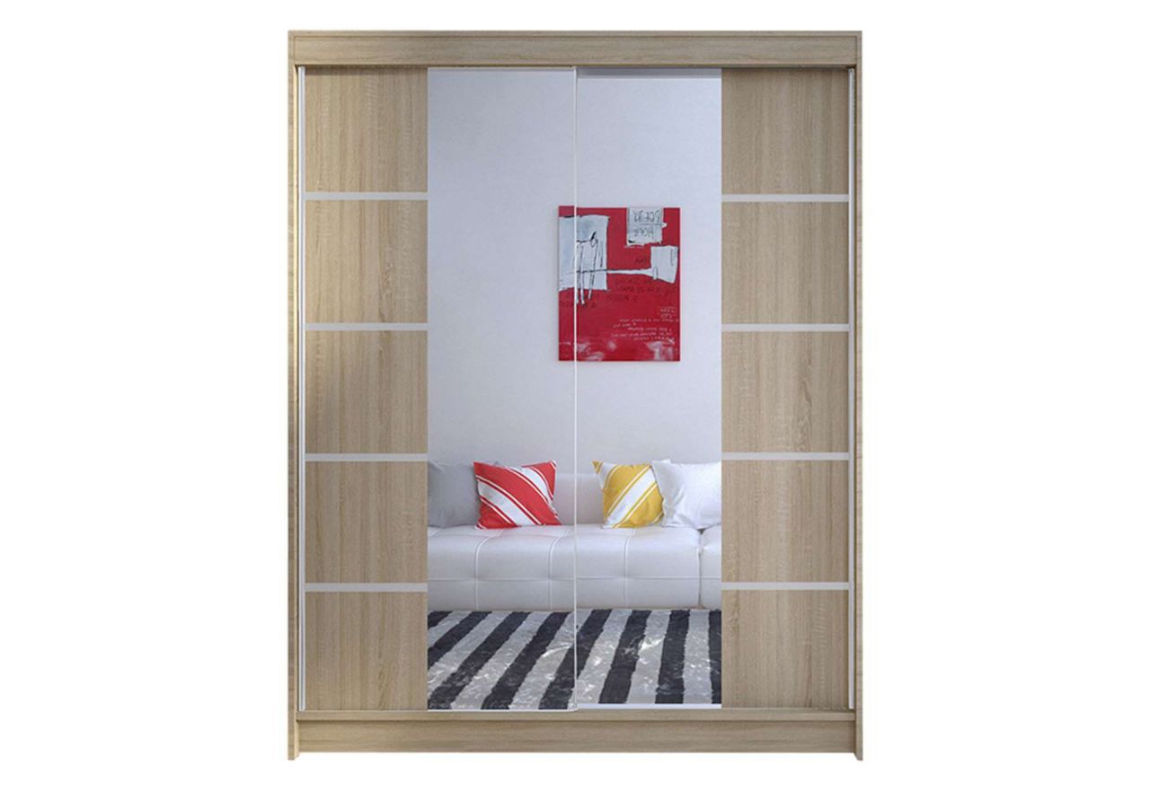 Szafa dwufrontowa w kolorze dąb sonoma z lustrem i listwami - MARINA V 150 cm