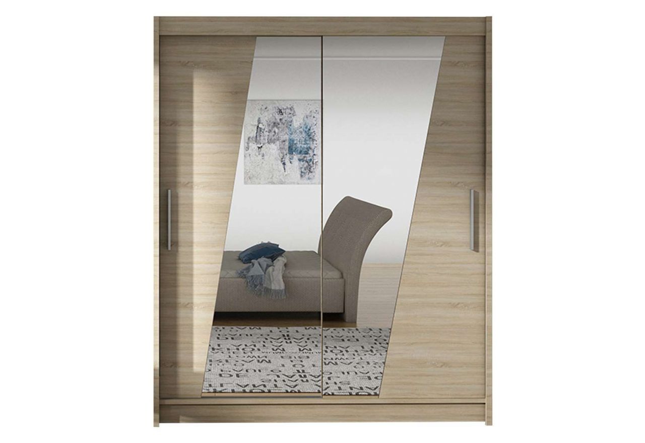 Modna szafa dąb sonoma z frontami przesuwnymi z designerskim lustrem - WIRA XIV 150 cm