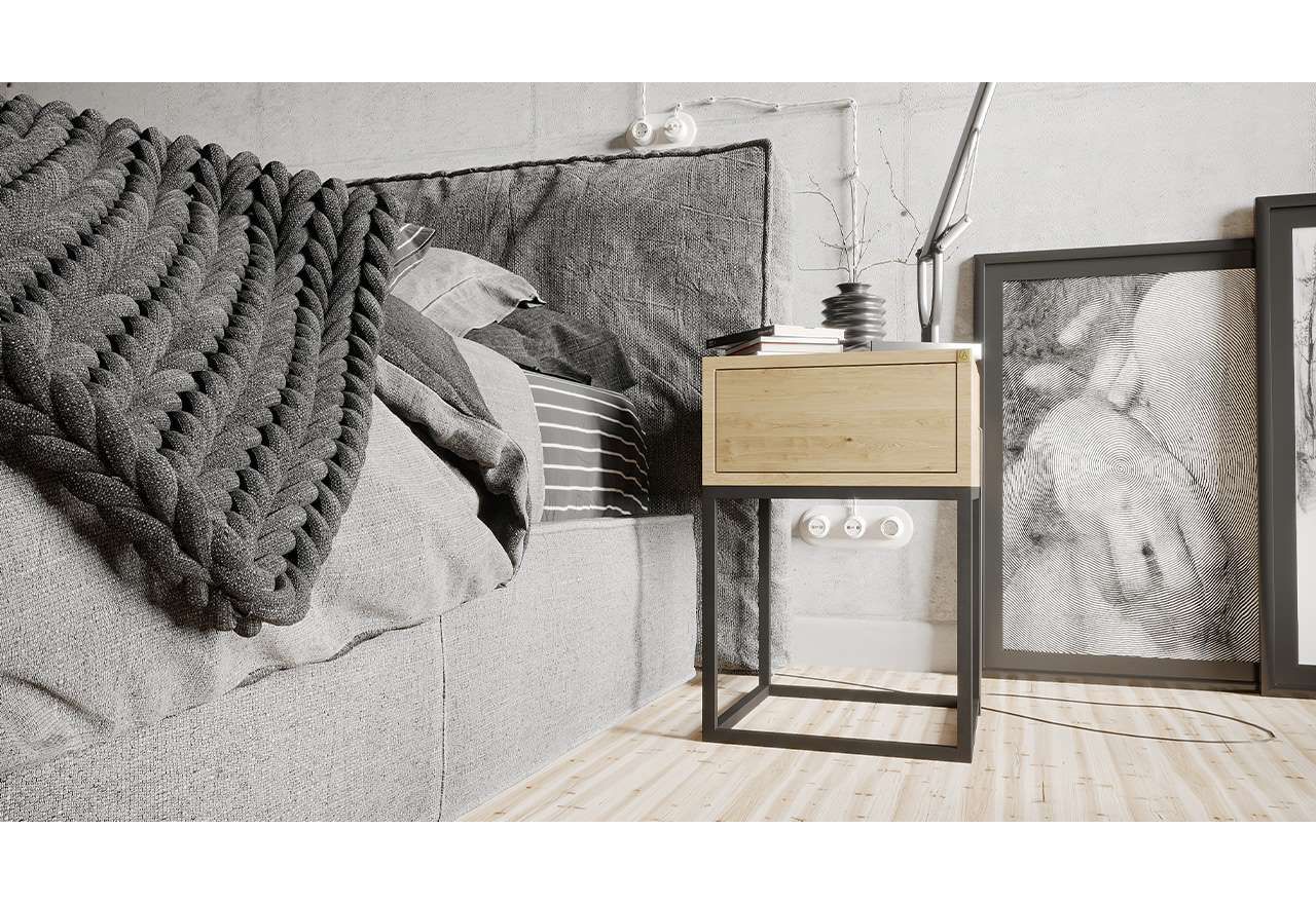 Szafka nocna do sypialni w stylu loft, metalowa konstrukcja i lite drewno - MARIPOSA