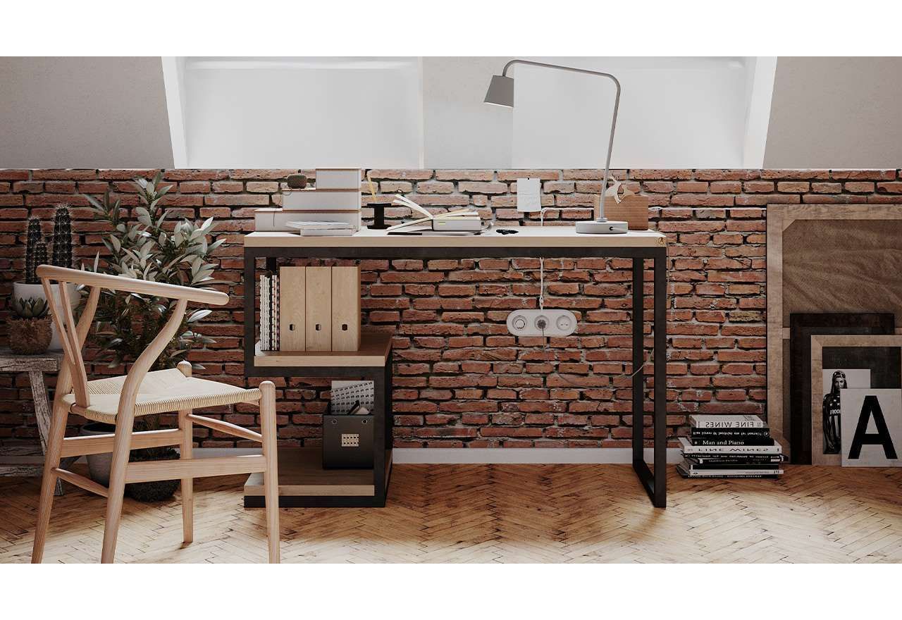 Stylowe biurko loftowe na metalowych nogach, z półkami i blatem z drewna litego, do biura i pokoju - COLIN