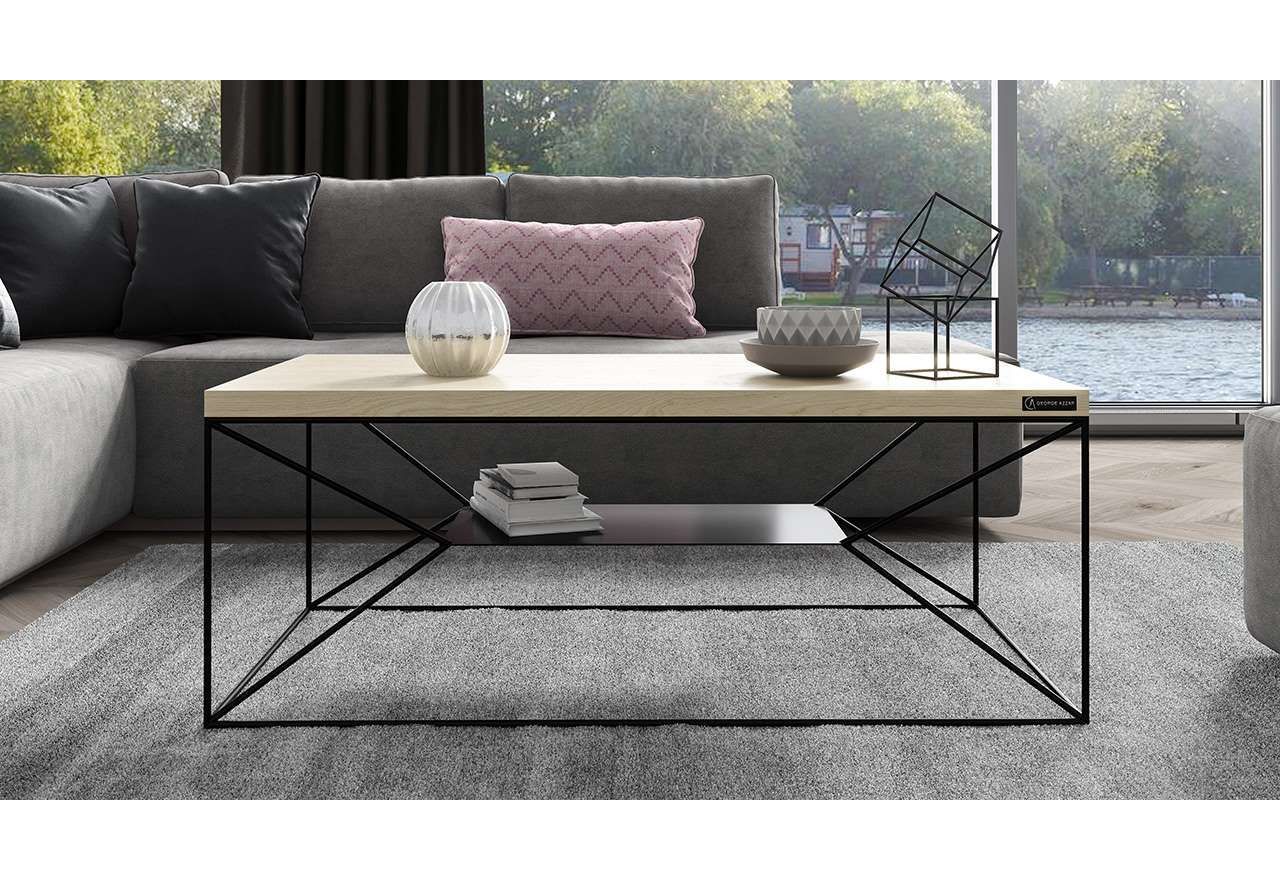 Drewniany stolik kawowy z metalową konstrukcją i półką pod blatem w stylu loft - AURORA
