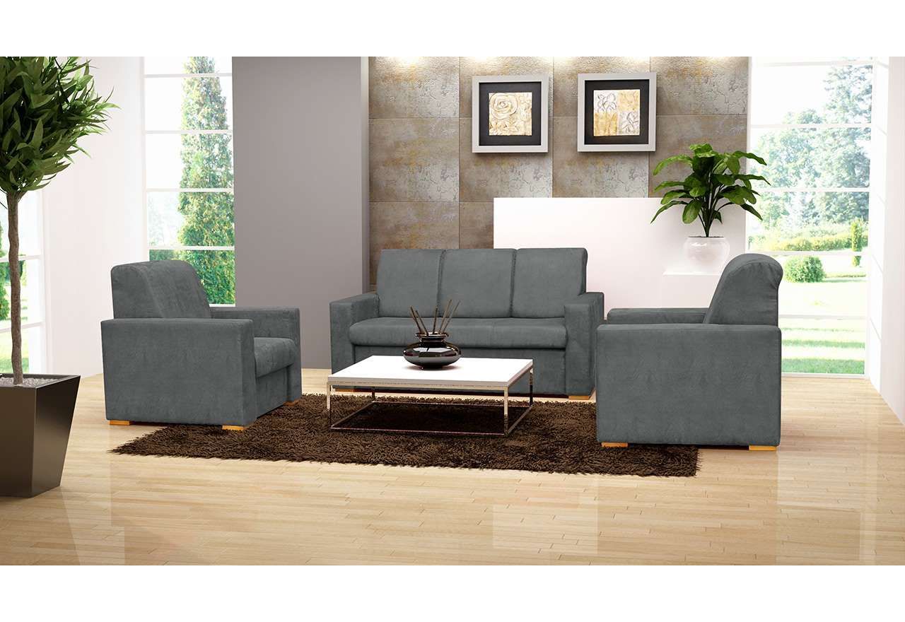 Szara kanapa EREMO w minimalistycznym stylu, z tapicerką imitacją skóry