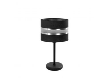 Mała lampa stołowa LEONIDAS z metalową podstawą i czarno-srebrnym abażurem