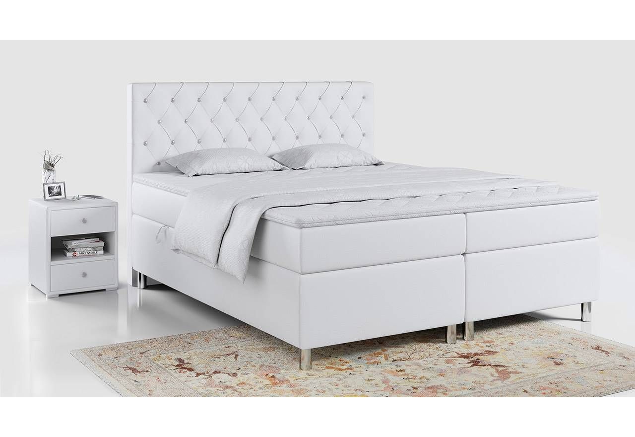 Modne łóżko kontynentalne 140x200 w stylu glamour na wysokich nóżkach - ROMA biała ecoskóra