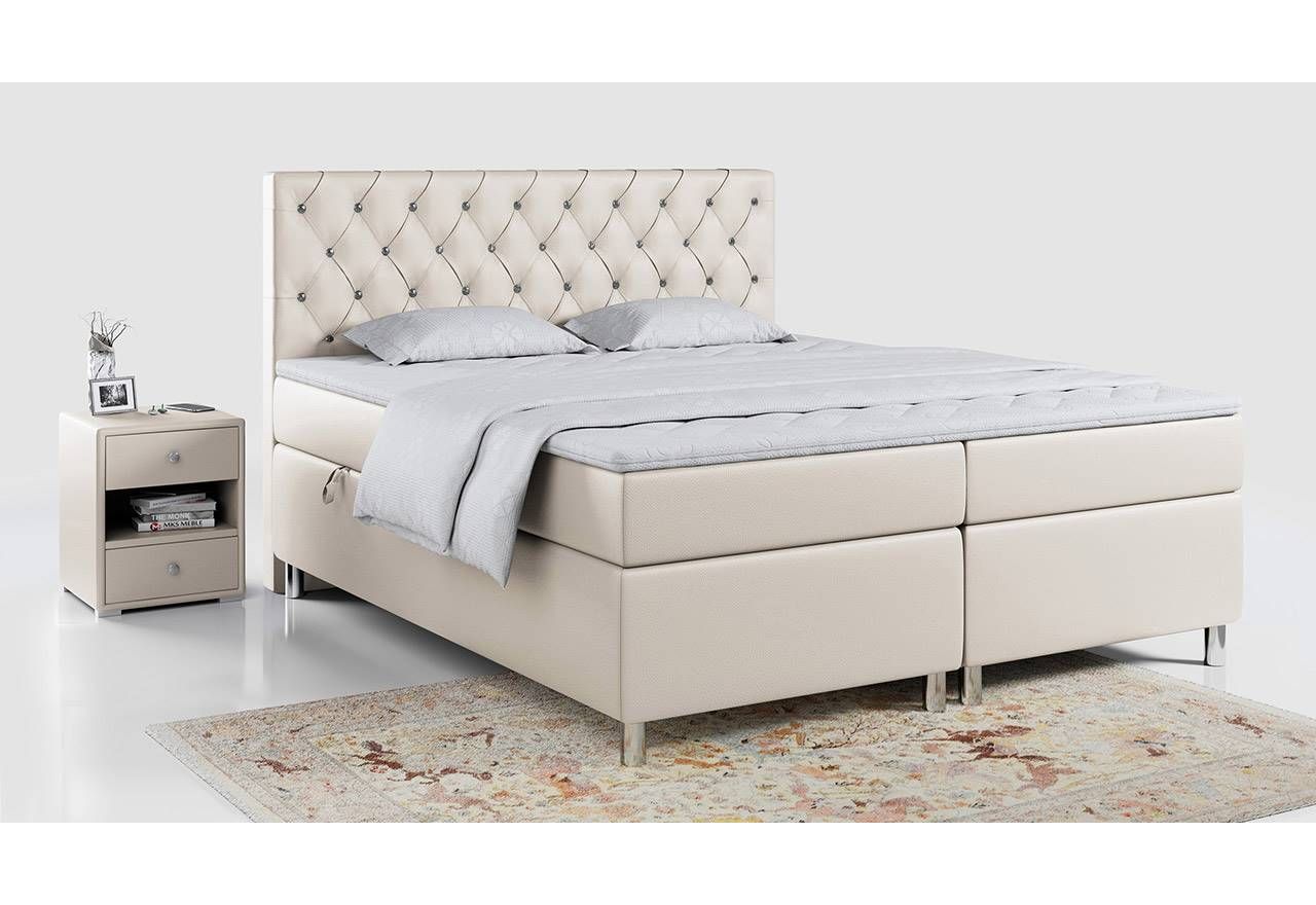 Modne łóżko kontynentalne 120x200 z podwójnym pojemnikiem na pościel w stylu glamour - ROMA beżowa ecoskóra