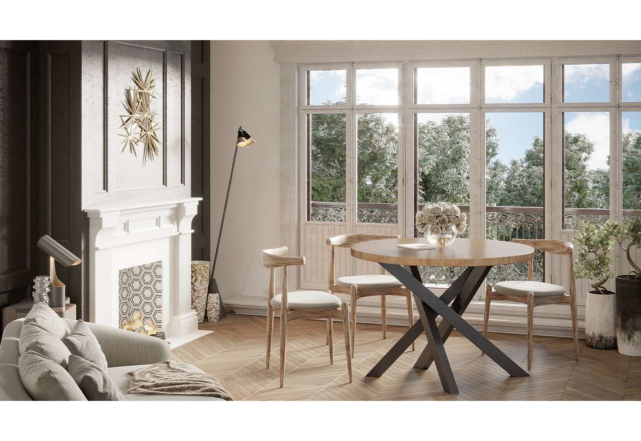 Stół okrągły, drewniany na metalowych nogach, do salonu i jadalni w stylu loftowym - EVE