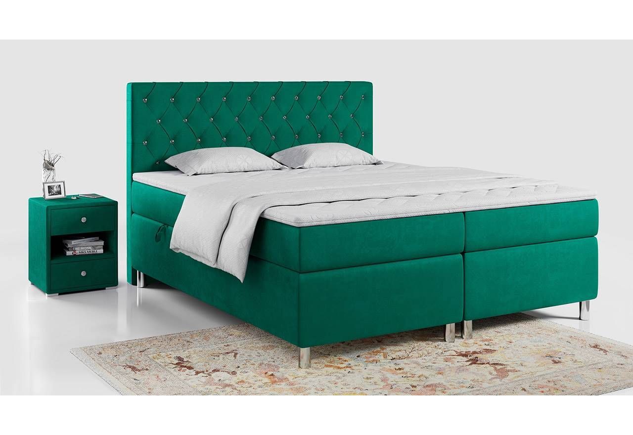 Eleganckie łóżko kontynentalne 160x200 z podwójnym pojemnikiem na pościel - ROMA butelkowa zieleń