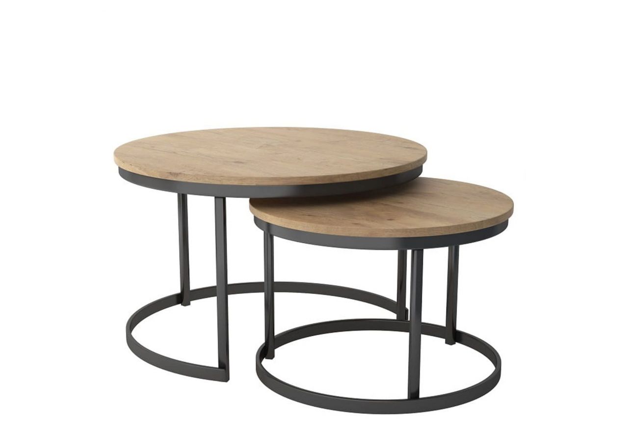 Zestaw okrągłych stolików kawowych, drewnianych na metalowym stelażu, do salonu - MERSI
