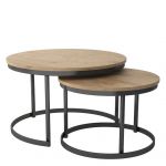 Zestaw okrągłych stolików kawowych, drewnianych na metalowym stelażu, do salonu - MERSI