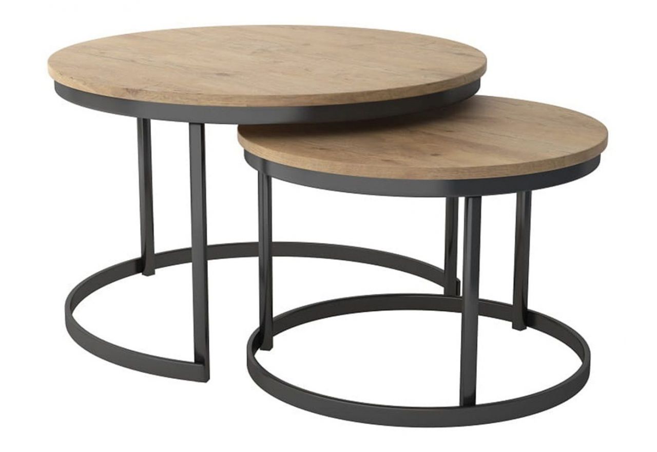 Zestaw okrągłych stolików kawowych, drewnianych na metalowym stelażu, do salonu - MERSI