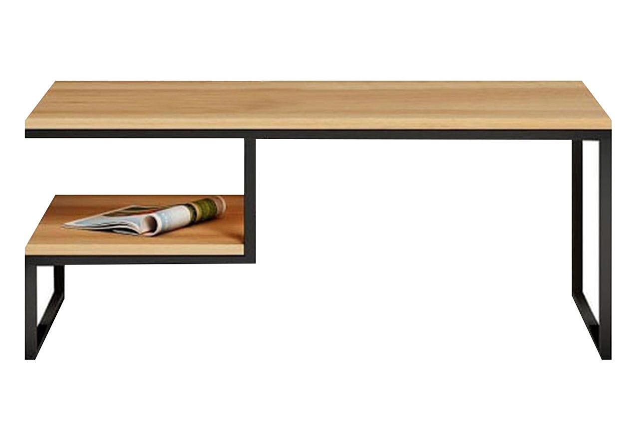 Drewniany stolik kawowy na metalowych nogach, z dodatkową półką, do salonu - EISEN