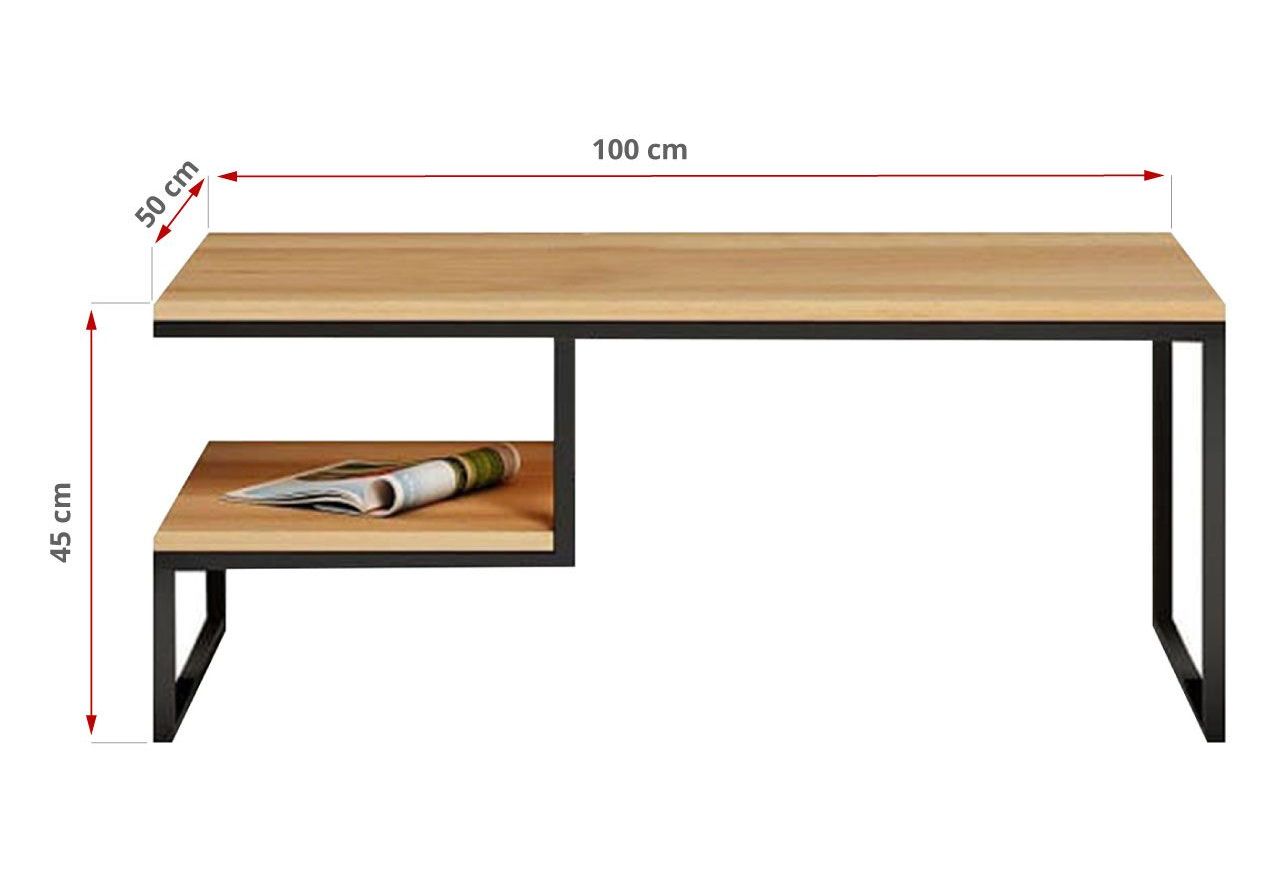 Drewniany stolik kawowy na metalowych nogach, z dodatkową półką, do salonu - EISEN