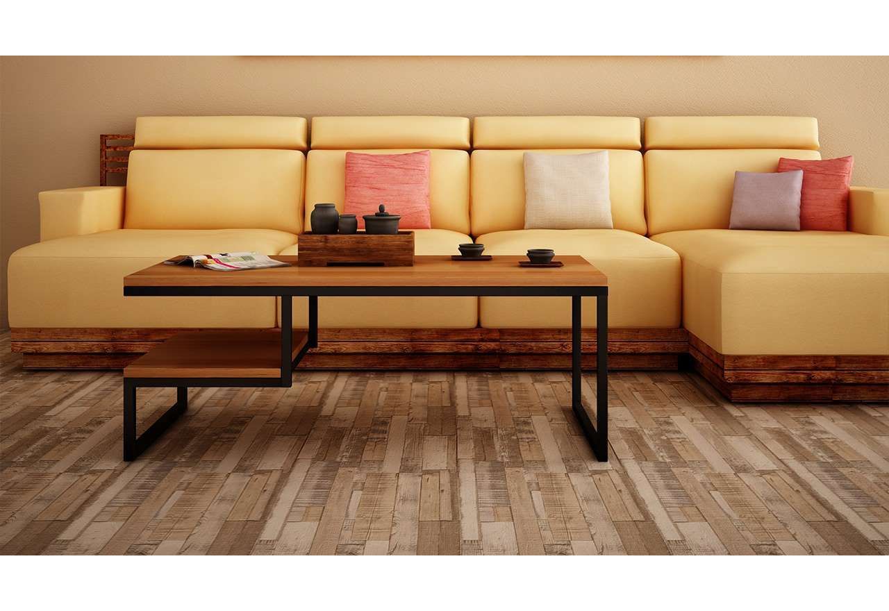 Drewniany stolik kawowy na metalowych nogach, z dodatkową półką, do salonu - EISEN