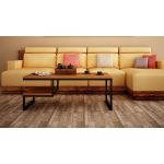 Drewniany stolik kawowy na metalowych nogach, z dodatkową półką, do salonu - EISEN