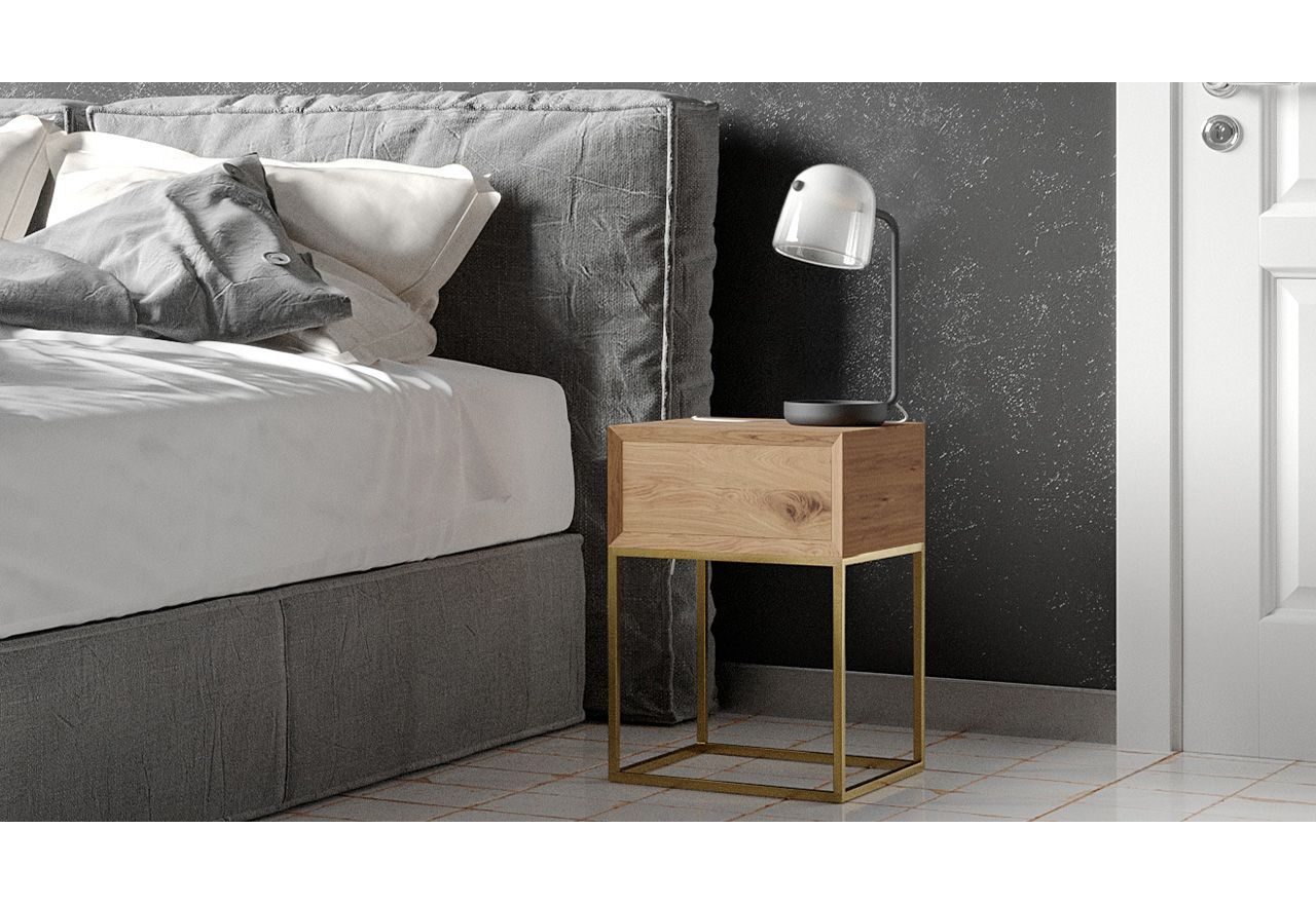 Loftowy stolik nocny do sypialni z drewna dębowego i metalowej konstrukcji - PALMES