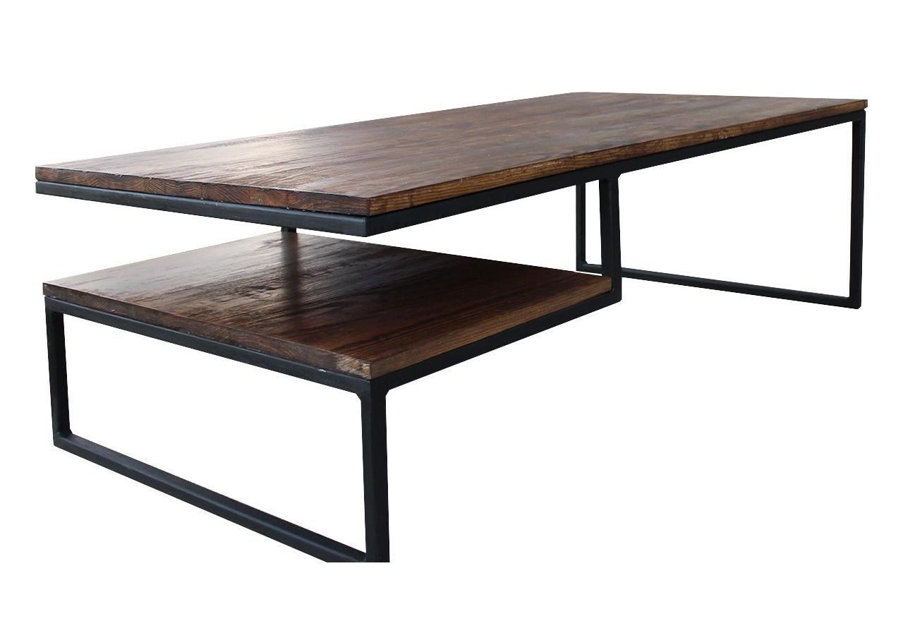 Drewniany stolik kawowy na metalowych nogach, z dodatkową półką, do salonu - EISEN