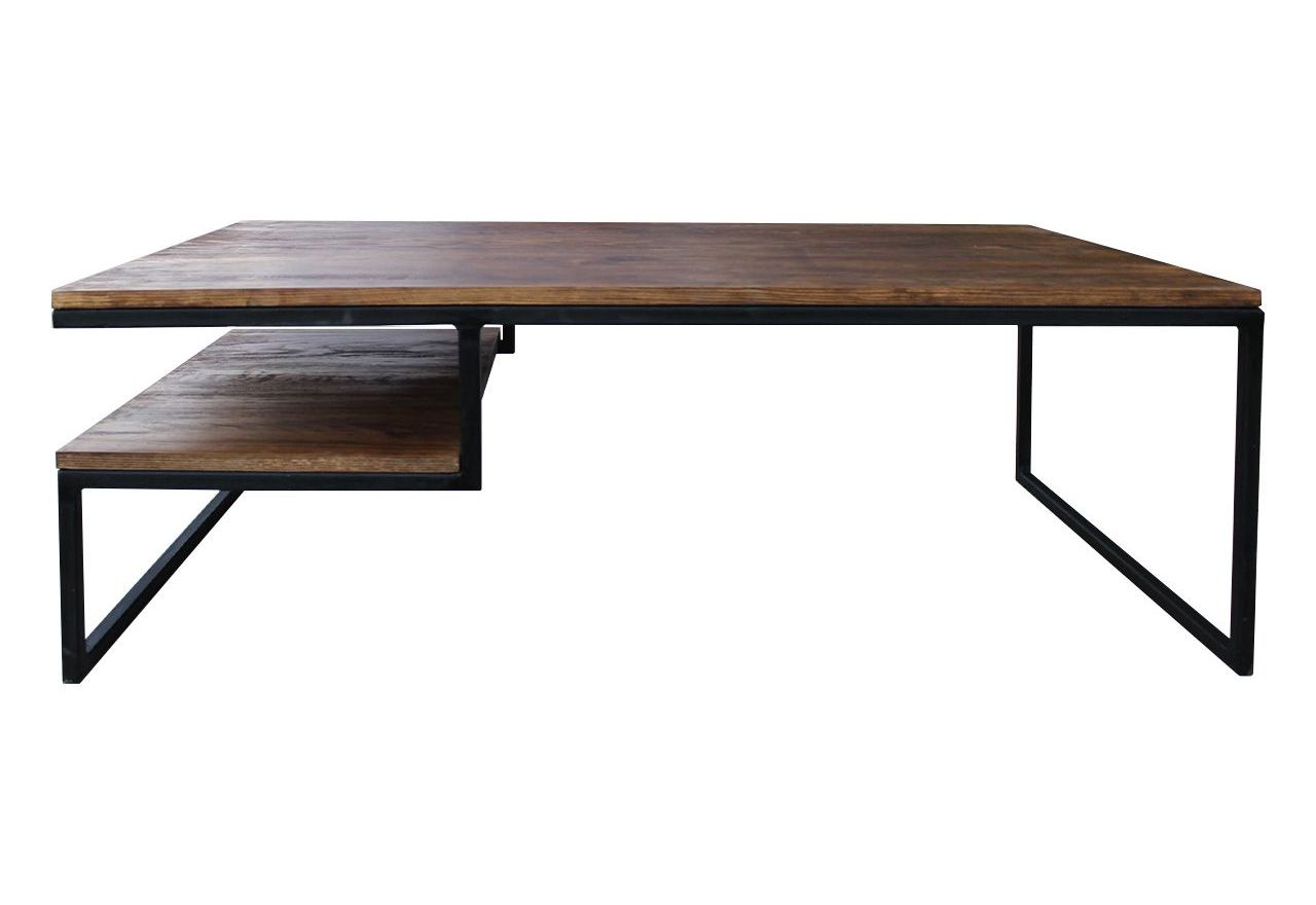 Drewniany stolik kawowy na metalowych nogach, z dodatkową półką, do salonu - EISEN