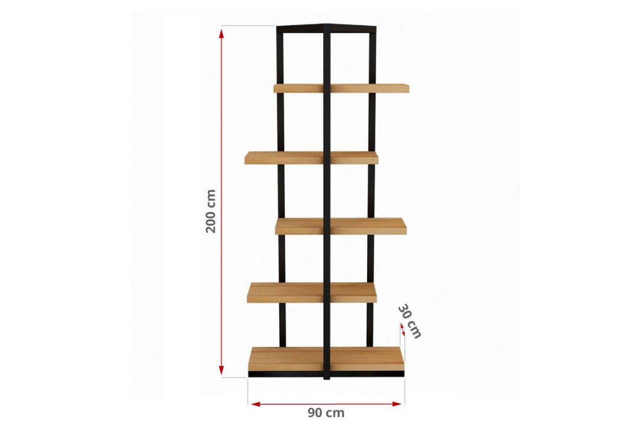 Praktyczny, metalowy regał na książki z półkami z litego drewna, do salonu lub sypialni - TIKALA