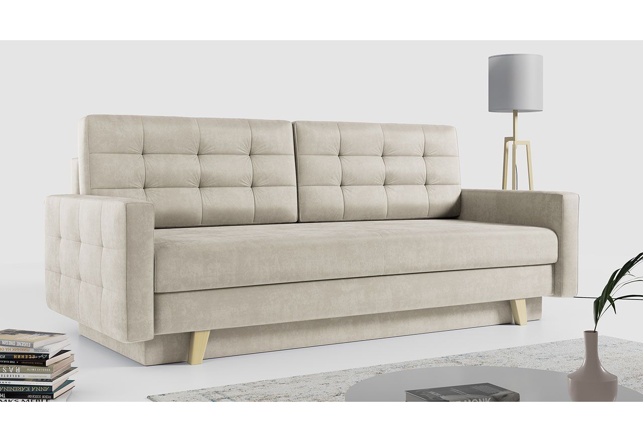 Rozkładana sofa skandynawska 3-osobowa, z pojemnikiem na pościel do salonu, beżowa – FRIGA
