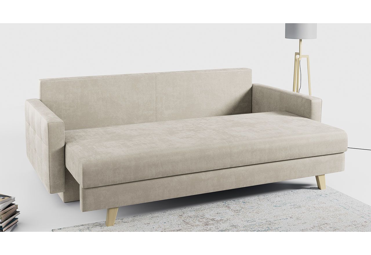 Rozkładana sofa skandynawska 3-osobowa, z pojemnikiem na pościel do salonu, beżowa – FRIGA
