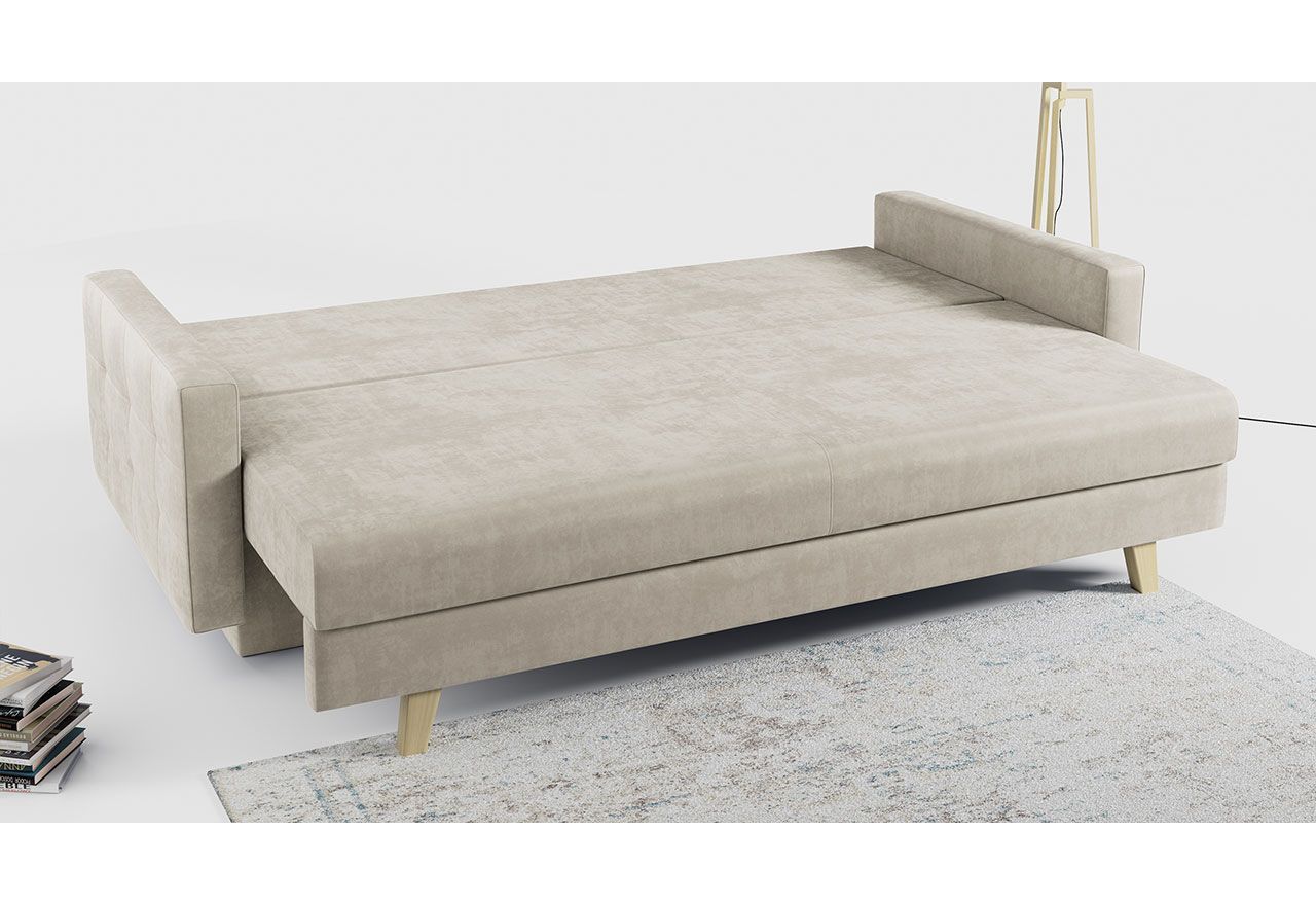 Rozkładana sofa skandynawska 3-osobowa, z pojemnikiem na pościel do salonu, beżowa – FRIGA